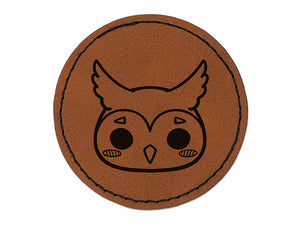 Charming Kawaii Chibi Owl Face Blushing Cheeks Great Horned Round Iron-On Engraved Faux Leather Patch Applique - 2.5"