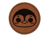 Charming Kawaii Chibi Penguin Face Blushing Cheeks Round Iron-On Engraved Faux Leather Patch Applique - 2.5"