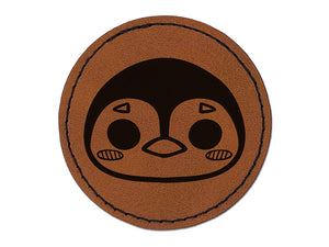 Charming Kawaii Chibi Penguin Face Blushing Cheeks Round Iron-On Engraved Faux Leather Patch Applique - 2.5"