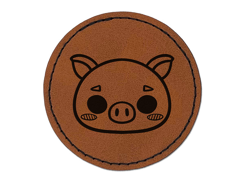 Charming Kawaii Chibi Pig Face Blushing Cheeks Round Iron-On Engraved Faux Leather Patch Applique - 2.5"