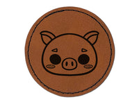 Charming Kawaii Chibi Pig Face Blushing Cheeks Round Iron-On Engraved Faux Leather Patch Applique - 2.5"