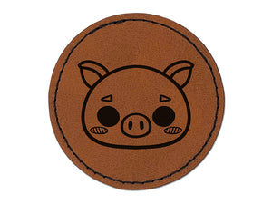 Charming Kawaii Chibi Pig Face Blushing Cheeks Round Iron-On Engraved Faux Leather Patch Applique - 2.5"