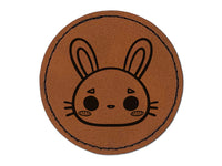 Charming Kawaii Chibi Rabbit Bunny Face Blushing Cheeks Round Iron-On Engraved Faux Leather Patch Applique - 2.5"