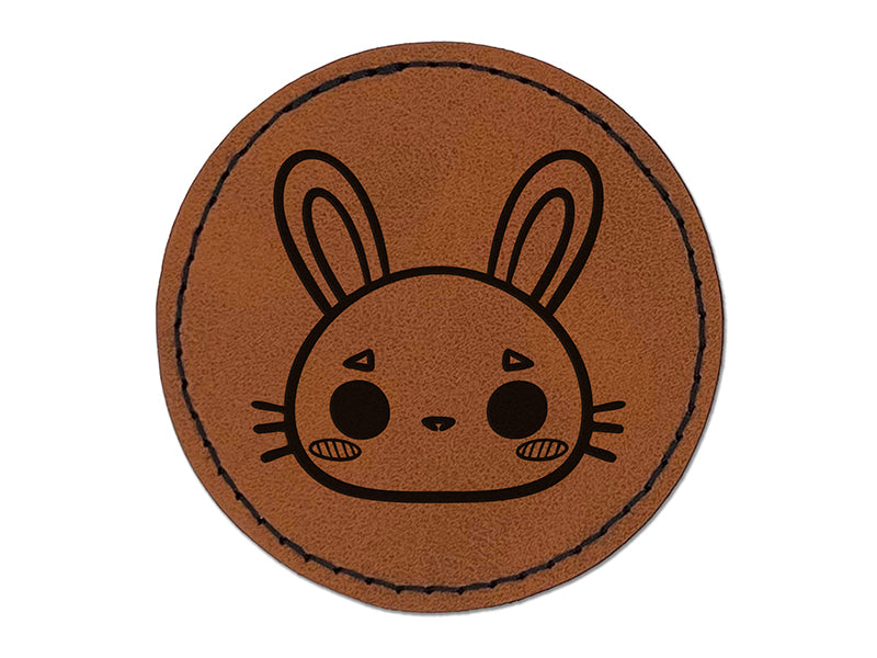 Charming Kawaii Chibi Rabbit Bunny Face Blushing Cheeks Round Iron-On Engraved Faux Leather Patch Applique - 2.5"