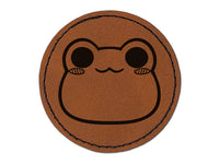 Charming Kawaii Chibi Smug Frog Toad Face Blushing Cheeks Round Iron-On Engraved Faux Leather Patch Applique - 2.5"