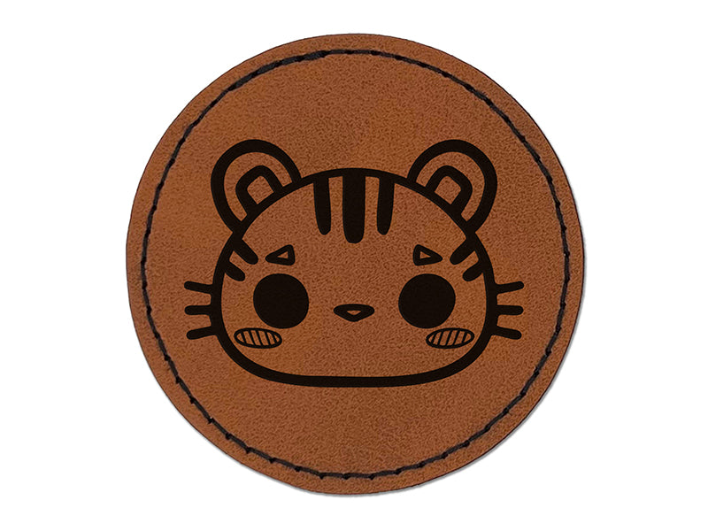 Charming Kawaii Chibi Tiger Face Blushing Cheeks Round Iron-On Engraved Faux Leather Patch Applique - 2.5"