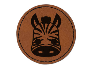 Charming Kawaii Chibi Zebra Face Blushing Cheeks Round Iron-On Engraved Faux Leather Patch Applique - 2.5"