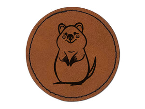 Cheerful Standing Quokka Round Iron-On Engraved Faux Leather Patch Applique - 2.5"