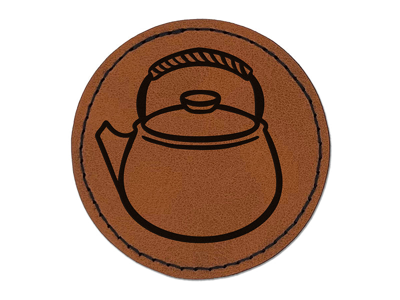 Classic Sweet Teapot Kettle Green Tea Round Iron-On Engraved Faux Leather Patch Applique - 2.5"