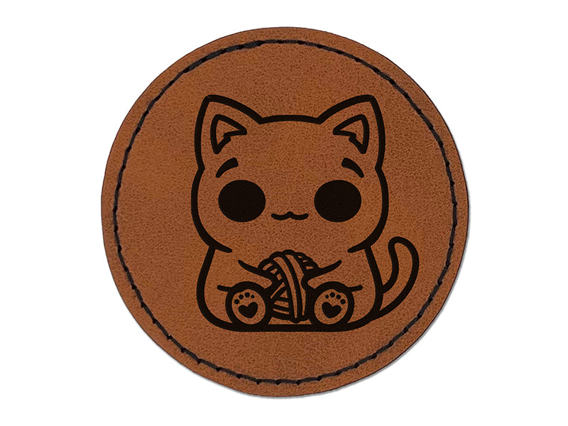 Content Kawaii Chibi Sitting Cat with Ball of Yarn Round Iron-On Engraved Faux Leather Patch Applique - 2.5"