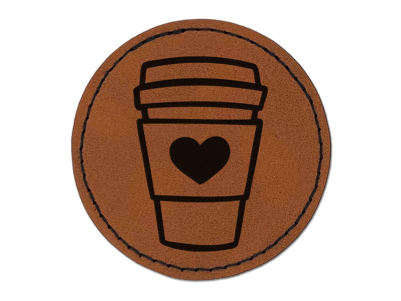 Cute Coffee Lover Traveling Mug Cup Tea Hot Chocolate Round Iron-On Engraved Faux Leather Patch Applique - 2.5"
