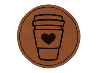 Cute Coffee Lover Traveling Mug Cup Tea Hot Chocolate Round Iron-On Engraved Faux Leather Patch Applique - 2.5"