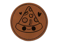 Deliciously Kawaii Chibi Pizza Slice Round Iron-On Engraved Faux Leather Patch Applique - 2.5"