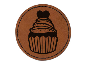 Deliciously Sweet Chocolate Cupcake with Heart Round Iron-On Engraved Faux Leather Patch Applique - 2.5"