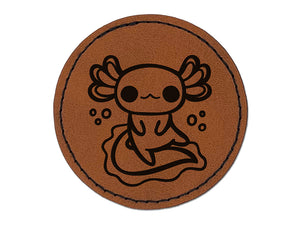 Delightful Kawaii Chibi Axolotl Round Iron-On Engraved Faux Leather Patch Applique - 2.5"