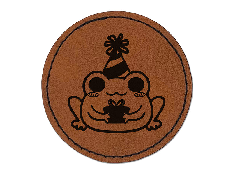 Delightful Kawaii Chibi Birthday Frog Toad Holding Gift Round Iron-On Engraved Faux Leather Patch Applique - 2.5"