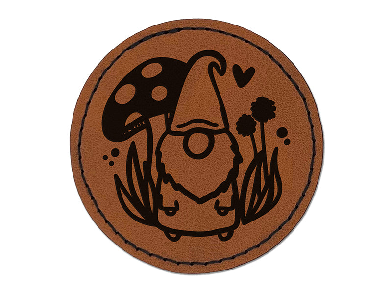 Enchanting Lovable Garden Gnome with Mushrooms Round Iron-On Engraved Faux Leather Patch Applique - 2.5"