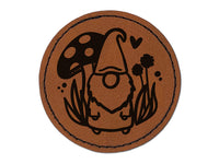 Enchanting Lovable Garden Gnome with Mushrooms Round Iron-On Engraved Faux Leather Patch Applique - 2.5"