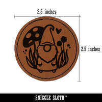 Enchanting Lovable Garden Gnome with Mushrooms Round Iron-On Engraved Faux Leather Patch Applique - 2.5"