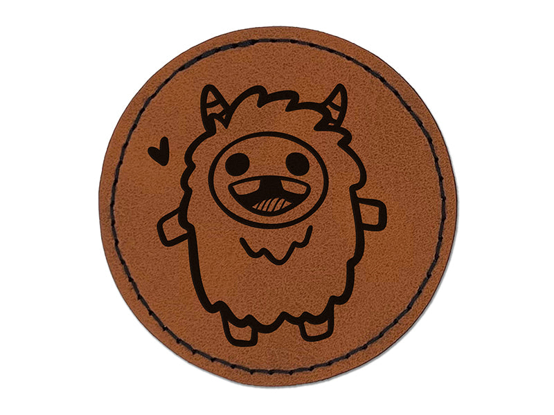 Excited Happy Kawaii Chibi Yeti Round Iron-On Engraved Faux Leather Patch Applique - 2.5"