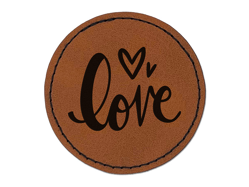Handwritten Love Script with Hearts Round Iron-On Engraved Faux Leather Patch Applique - 2.5"