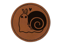 Happy Slow Kawaii Chibi Snail Round Iron-On Engraved Faux Leather Patch Applique - 2.5"