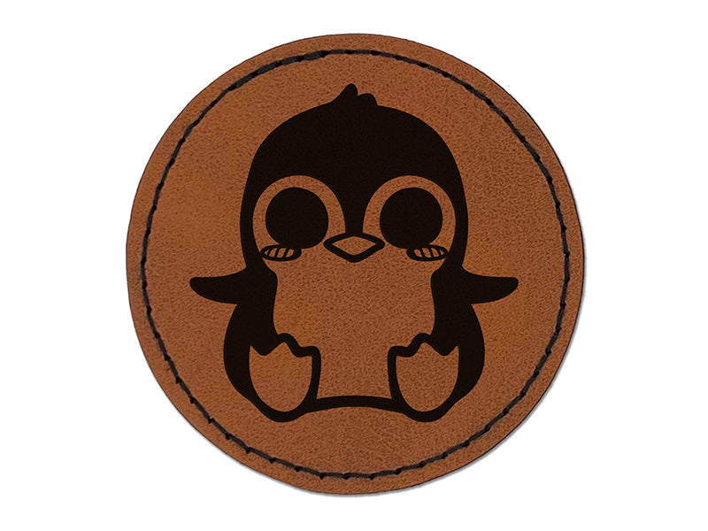 Precious Kawaii Chibi Baby Penguin Sitting Round Iron-On Engraved Faux Leather Patch Applique - 2.5"