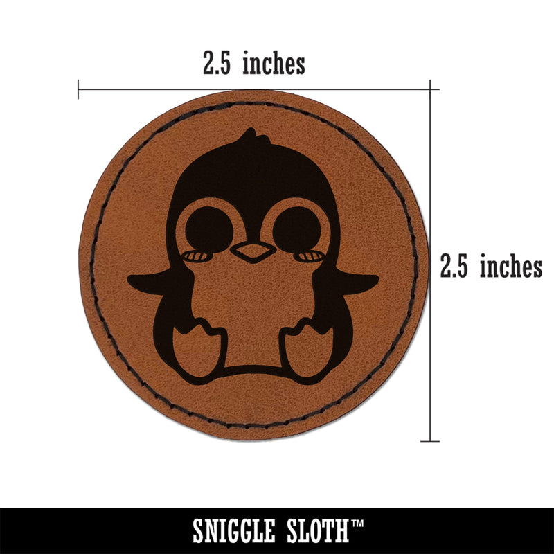 Precious Kawaii Chibi Baby Penguin Sitting Round Iron-On Engraved Faux Leather Patch Applique - 2.5"