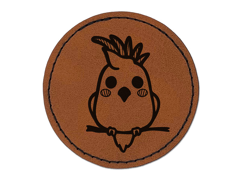 Precious Kawaii Chibi Sulphur-Crested Cockatoo Round Iron-On Engraved Faux Leather Patch Applique - 2.5"