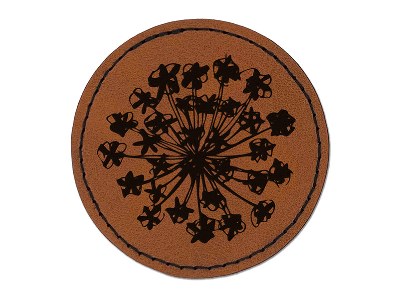 Queen Anne's Lace Flower Silhouette Doodle Sketch Round Iron-On Engraved Faux Leather Patch Applique - 2.5"