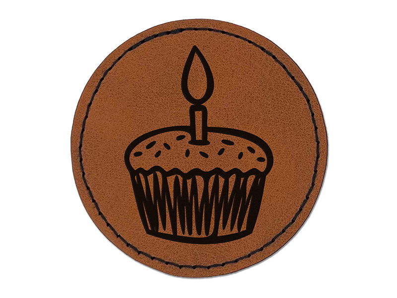 Sprinkled Birthday Cupcake with Candle Round Iron-On Engraved Faux Leather Patch Applique - 2.5"