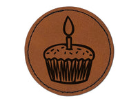 Sprinkled Birthday Cupcake with Candle Round Iron-On Engraved Faux Leather Patch Applique - 2.5"