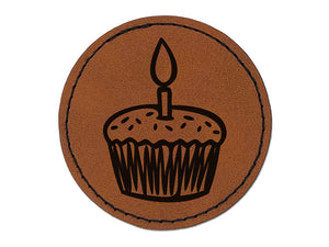 Sprinkled Birthday Cupcake with Candle Round Iron-On Engraved Faux Leather Patch Applique - 2.5"