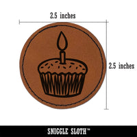 Sprinkled Birthday Cupcake with Candle Round Iron-On Engraved Faux Leather Patch Applique - 2.5"