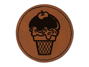 Summer Ice Cream Cone Sprinkles Chocolate Cherry Round Iron-On Engraved Faux Leather Patch Applique - 2.5"