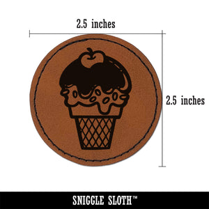 Summer Ice Cream Cone Sprinkles Chocolate Cherry Round Iron-On Engraved Faux Leather Patch Applique - 2.5"