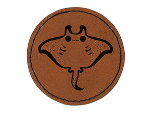 Sweet Kawaii Chibi Manta Ray Round Iron-On Engraved Faux Leather Patch Applique - 2.5"