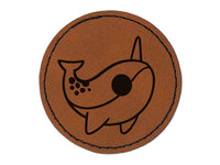 Sweet Kawaii Chibi Narwhal Round Iron-On Engraved Faux Leather Patch Applique - 2.5"