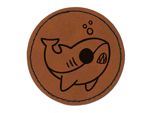 Sweet Kawaii Chibi Shark Round Iron-On Engraved Faux Leather Patch Applique - 2.5"