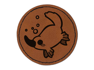 Swimming Kawaii Chibi Duck Billed Platypus Round Iron-On Engraved Faux Leather Patch Applique - 2.5"