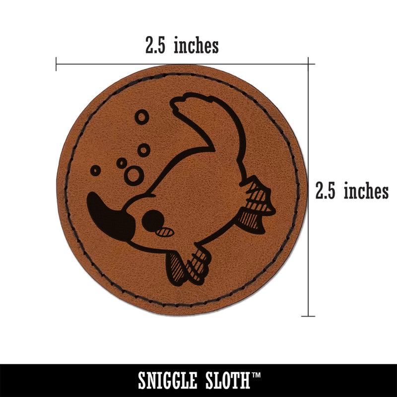 Swimming Kawaii Chibi Duck Billed Platypus Round Iron-On Engraved Faux Leather Patch Applique - 2.5"