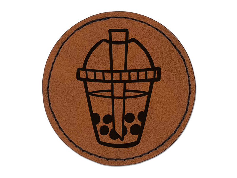 Yummy Bubble Tea Boba Milk Dessert Drink Round Iron-On Engraved Faux Leather Patch Applique - 2.5"