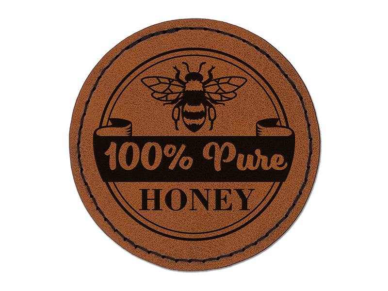 100% Pure Honey Bee for Apiarist Beekeeper Round Iron-On Engraved Faux Leather Patch Applique - 2.5"