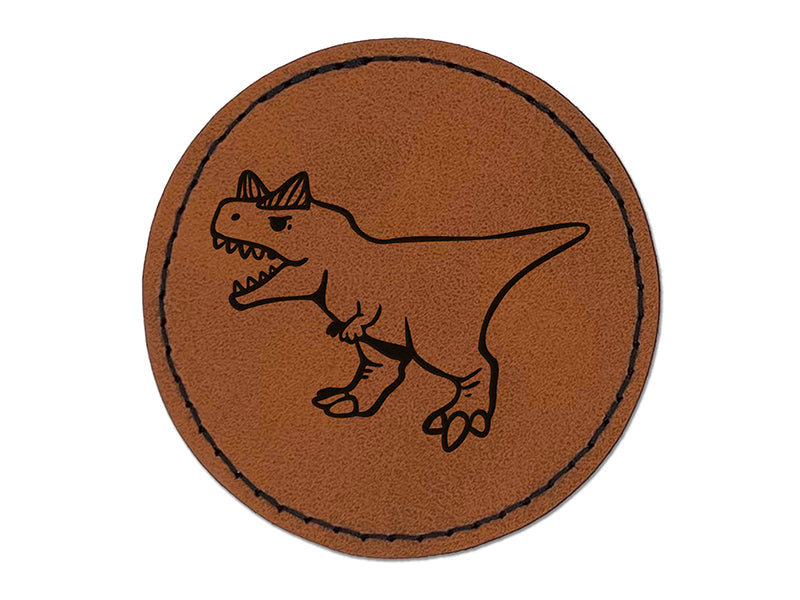 Aggressive Carnotaurus Horned Cretaceous Dinosaur Round Iron-On Engraved Faux Leather Patch Applique - 2.5"