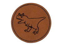 Aggressive Carnotaurus Horned Cretaceous Dinosaur Round Iron-On Engraved Faux Leather Patch Applique - 2.5"