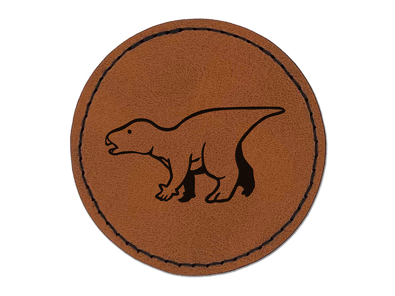 Alert Iguanodon Jurassic Dinosaur Round Iron-On Engraved Faux Leather Patch Applique - 2.5"