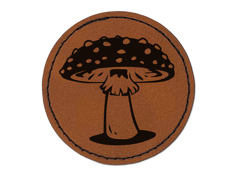 Amanita Muscaria Fly Agaric Poisonous Mushroom Whimsical Toadstool Round Iron-On Engraved Faux Leather Patch Applique - 2.5"