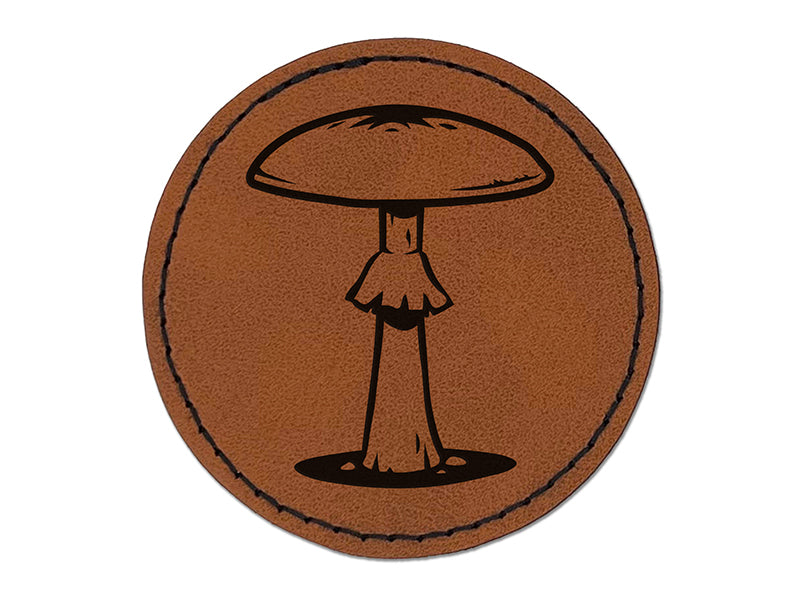 Amanita Phalloides Deathcap Toxic Mushroom Whimsical Fungus Fungi Round Iron-On Engraved Faux Leather Patch Applique - 2.5"