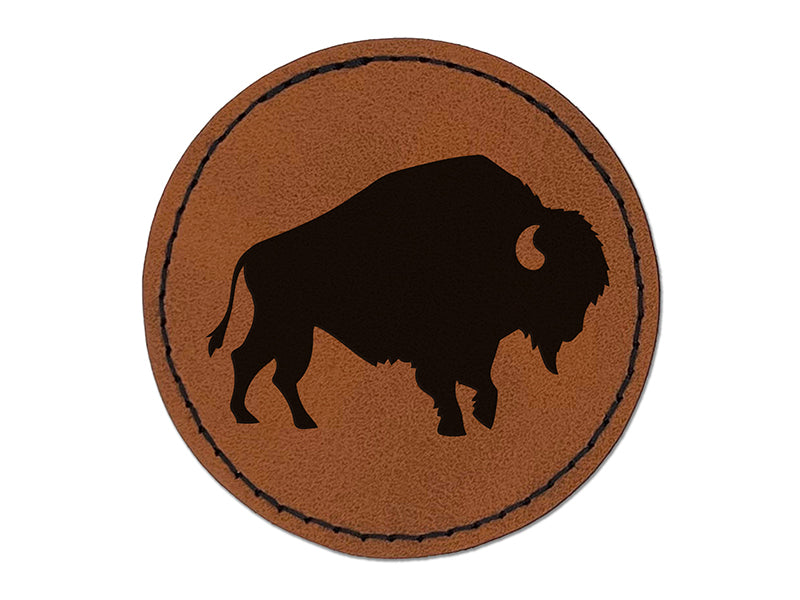 American Bison Buffalo Silhouette Round Iron-On Engraved Faux Leather Patch Applique - 2.5"