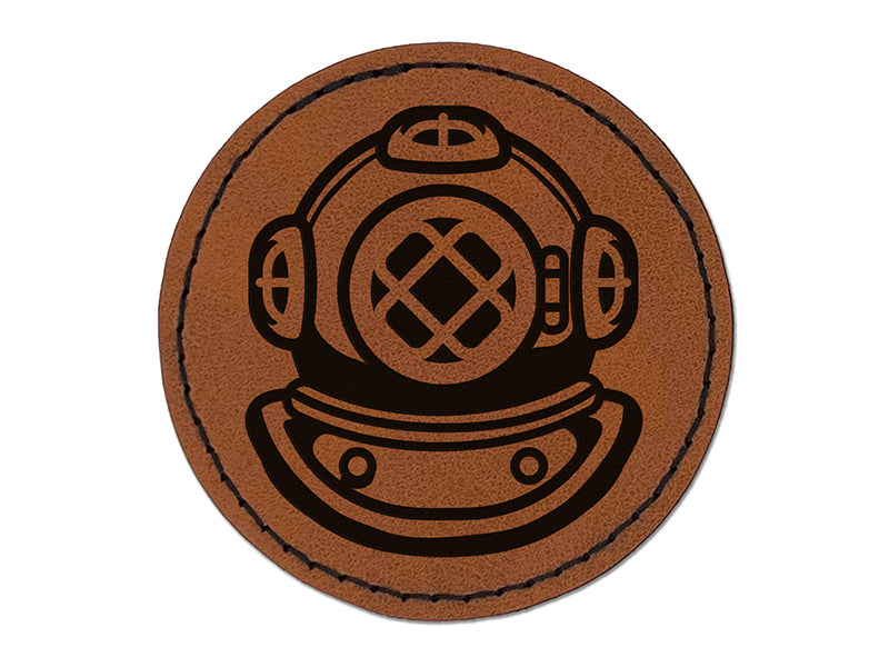 Antique Vintage Deep Sea Diving Helmet Round Iron-On Engraved Faux Leather Patch Applique - 2.5"